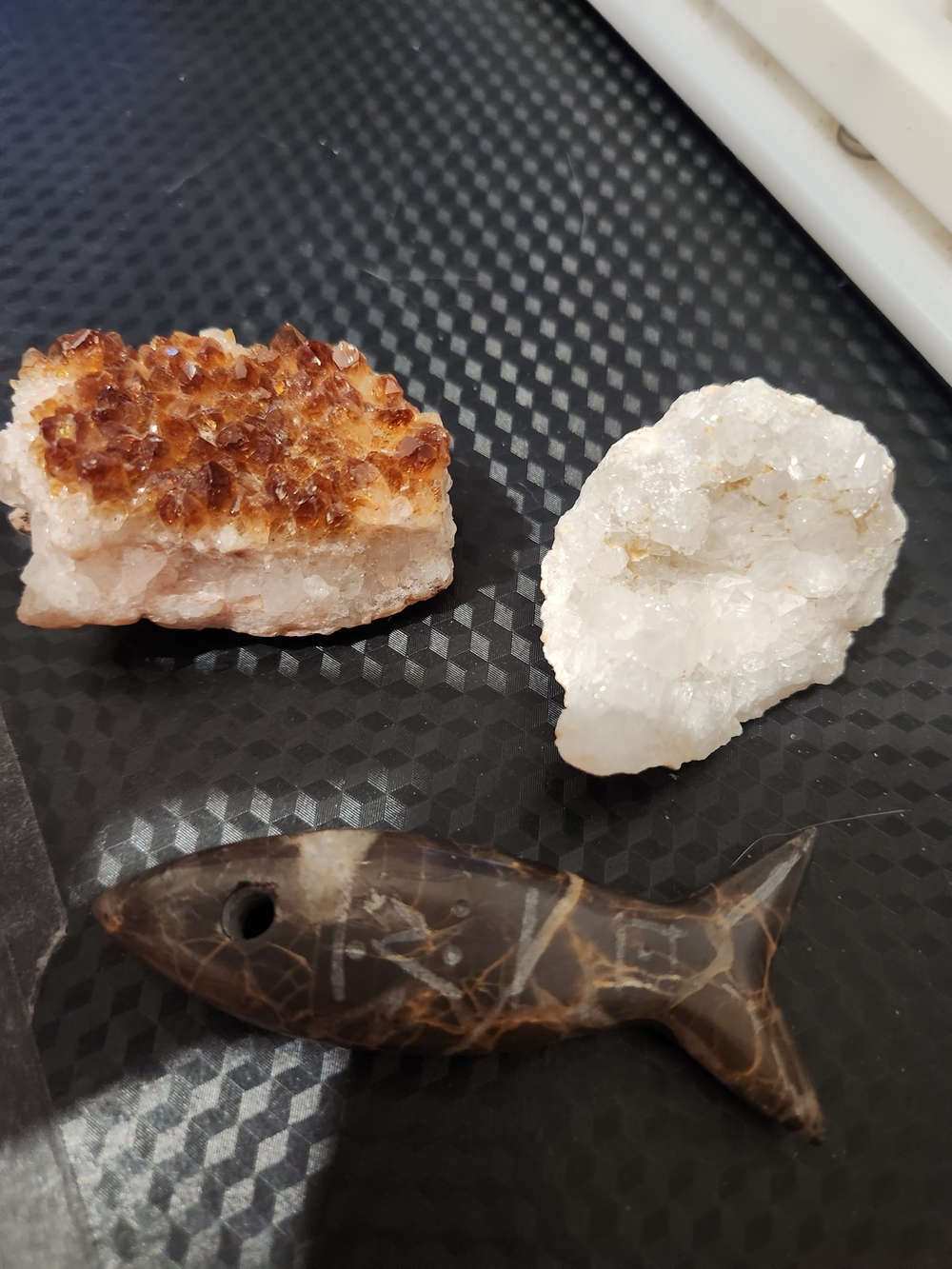Handcrafted Septarian Fish w Runes-   Druzy quartz partial geode - Dark Citrine